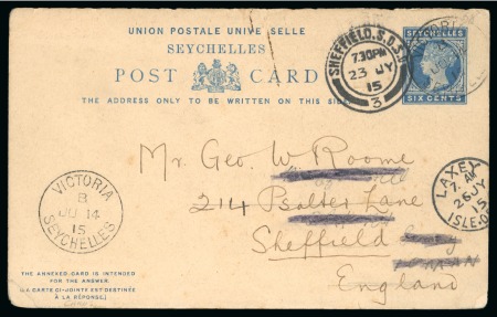 Stamp of Seychelles » Postal Stationery 1901 6c Blue stationery card addressed to Nossi-bé routed through Madagascar,