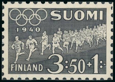 Stamp of Olympics » 1940 Helsinki (Cancelled) 1940 Helsinki essay by an unknown artist, with an enlarged essay showing a marathon race in black ink plus proof