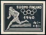 Stamp of Olympics » 1940 Helsinki (Cancelled) 1940 Helsinki essay by an unknown artist, with an enlarged essay showing a runner with a wreath plus 2 proofs