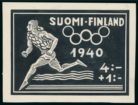 Stamp of Olympics » 1940 Helsinki (Cancelled) 1940 Helsinki essay by an unknown artist, with an enlarged essay showing a runner with a wreath plus 2 proofs
