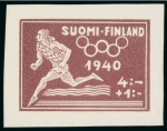 Stamp of Olympics » 1940 Helsinki (Cancelled) 1940 Helsinki essay by an unknown artist, with an enlarged essay showing a runner with a wreath plus 2 proofs
