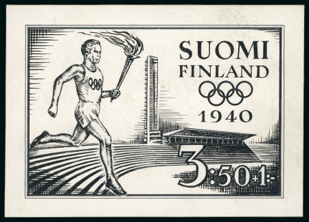 Stamp of Olympics » 1940 Helsinki (Cancelled) 1940 Helsinki essay by an unknown artist, showing torch runner in front of the Olympic stadium in black ink plus proof