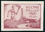 Stamp of Olympics » 1940 Helsinki (Cancelled) 1940 Helsinki essay by an unknown artist, showing torch runner in front of the Olympic stadium in black ink plus proof