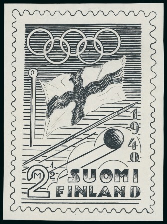 Stamp of Olympics » 1940 Helsinki (Cancelled) 1940 Helsinki essay by an unknown artist, showing Olympic Rings above the Finnish flag, plus a proof
