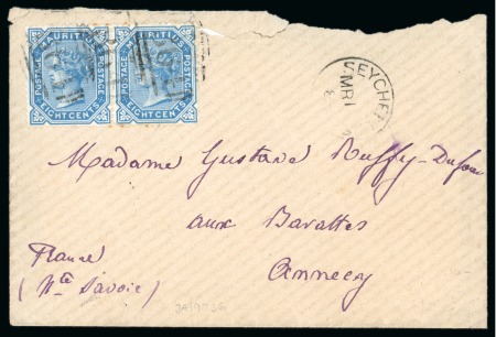 Stamp of Seychelles » Mauritius Used in Seychelles 1883 (Mar) Small envelope to France franked 1879-89 8c pair tied by 'B64' obliterator 