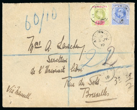 Stamp of Seychelles » Regular Issues 1910 Registered cover to Belgium franked KE VII 15c + 18c tied by ANSE ROYALE cds
