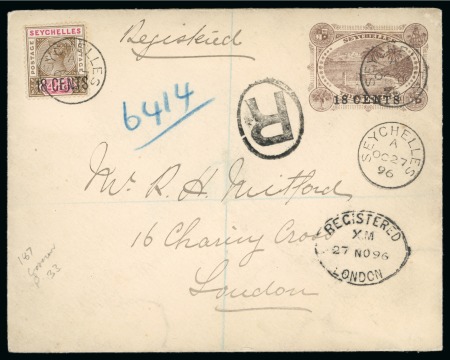 Stamp of Seychelles » Postal Stationery 1896 18 CENTS on 30c brown stationery envelope uprated