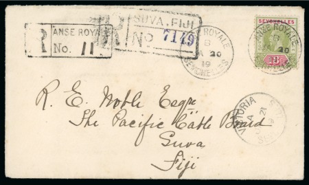 Stamp of Seychelles » Regular Issues 1919 Registered envelope to Fiji franked 18c tied by