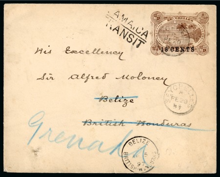 Stamp of Seychelles » Postal Stationery 1897 (Feb 20) 18 CENTS on 30c brown stationery envelope addressed to Belize, British Honduras