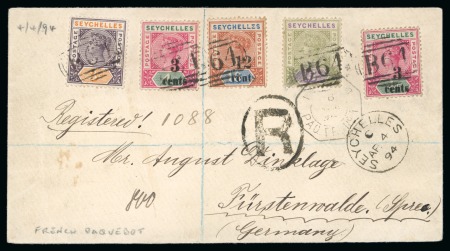Stamp of Seychelles » Regular Issues 1894 (Apr 4) Overpaid registered envelope to Germany 3c on 4c (2) + 12c on 16c +3c + 15c tied by 'B64's