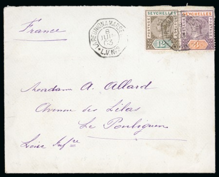 Stamp of Seychelles » Regular Issues 1908 (Jun 8) Envelope to France franked at UPU rate by 1893 3c + 12c