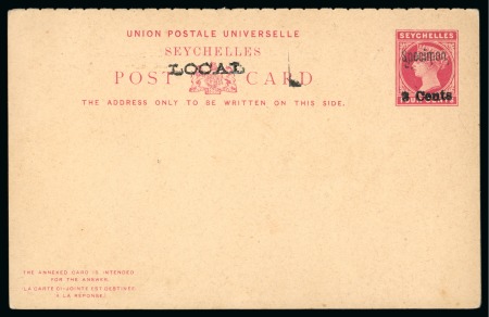 Stamp of Seychelles » Postal Stationery 1893 Revalued unsevered 3 Cents on 4c reply card ovpt LOCAL with Specimen hs