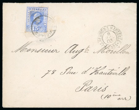 Stamp of Seychelles » Regular Issues 1903 (8JY) Envelope to Paris franked at UPU rate by 1903 15c ultramarine showing variety DENTED FRAME