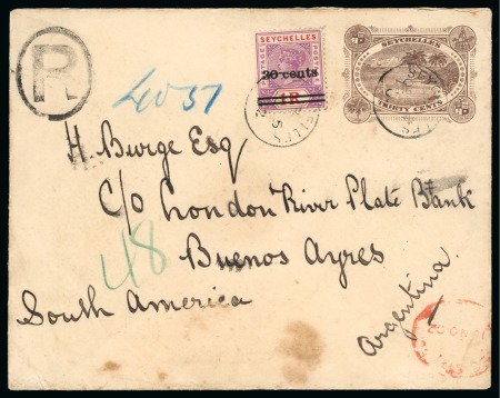 Stamp of Seychelles » Postal Stationery 1902 30c Brown stationery envelope to Argentina uprated