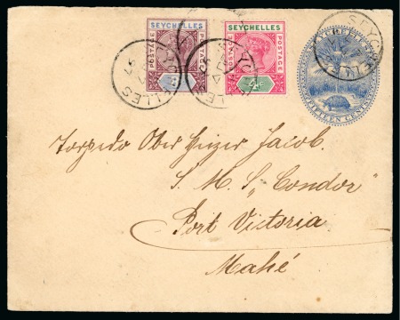 Stamp of Seychelles » Postal Stationery 1897 (Apr 15) 15c blue stationery envelope uprated 3c + 4c tied by Seychelles A cds