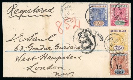 Stamp of Seychelles » Regular Issues 1902 (Mar 11) Envelope registered to London franked 12c on 16c, 4c, 10c and 75c