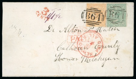 Stamp of Seychelles » Mauritius Used in Seychelles 1868 Jan 22 Envelope addressed to the USA franked 6d green and 1s yellow tied by 'B64' obliterator