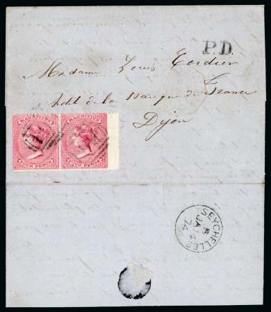 Stamp of Seychelles » Mauritius Used in Seychelles 1874 Jan 14 Cordier correspondence entire to Dijon from the French Post Agent M. Domenjod at Mahé