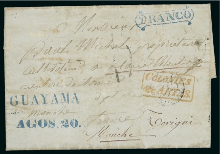 Stamp of Puerto Rico 1854 (Aug 20). Cover to France with neat "Guayama" & "AGOS. 20" in blue