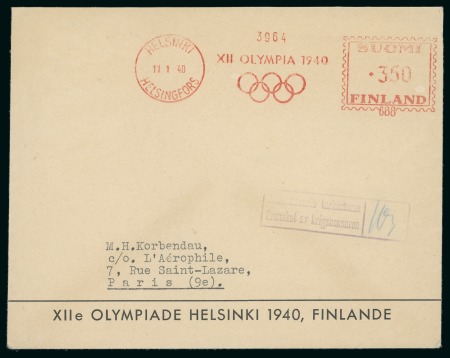 Stamp of Olympics » 1940 Helsinki (Cancelled) 1940 Helsinki official Organising Committee envelope with French legend at foot and "XII OLYMPIA 1940" 3M50p meter franking