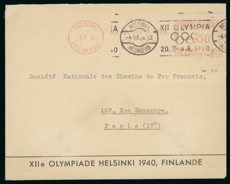 Stamp of Olympics » 1940 Helsinki (Cancelled) 1940 Helsinki official Organising Committee envelope with French legend at foot and "XII OLYMPIA 1940" 3M50p meter franking