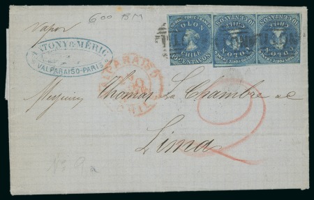 Stamp of Chile 1866 (Aug 24). Entire letter from Valparaiso to Lima, 1862 London Last Printing 10c single and pair