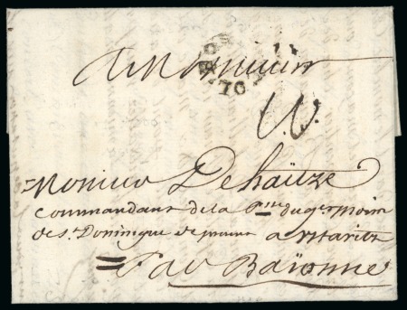 Stamp of Haiti 1789 (Feb 6). Entire letter from Cap to France, "COL/BORDX" pmk
