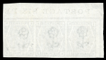 Stamp of Great Britain » 1855-1900 Surface Printed » 1873-80 Large Coloured Corner Letters 1878 6d grey pl.16 KI-KK imperf. marginal strip of three from the upper right of the pane, overprinted "SPECIMEN" type 9