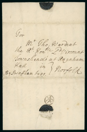 Stamp of Great Britain » Postal History » Pre-Adhesive & Stampless 1709 Entire from The Hague, Netherlands, sent to Raynham Hall in Norfolk, with neat "NO / 11" bishop's mark