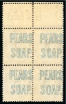 Stamp of Great Britain » 1855-1900 Surface Printed » 1880-81 Provisional Issue and 1881 1d Lilac 1881 1d lilac die II in mint n.h. block of four with the reverse of each stamp showing "PEARS SOAP" advertising underprints in blue