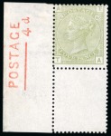 Stamp of Great Britain » 1855-1900 Surface Printed » 1873-80 Large Coloured Corner Letters 1873-80 4d sage green pl.16 TA, mint marginal example from the lower left corner of the sheet