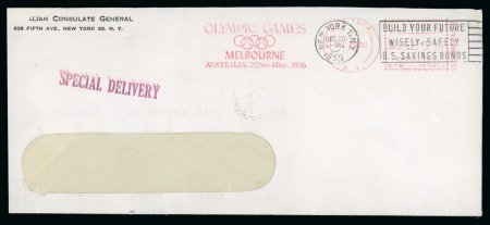 Stamp of Olympics » 1956 Melbourne 1955 (Dec 20) Envelope from the Australian Consulate in New York with red "OLYMPIC GAMES / MELBOURNE / AUSTRALIA 22 Nov-8 Dec. 1956" slogan frank