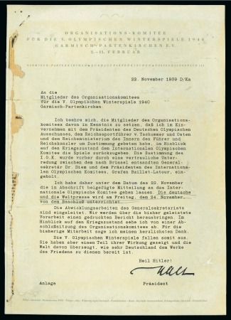 Stamp of Olympics » 1940 Garmisch-Parternkirchen (Cancelled) 1939 (Nov 22) Garmisch-Partenkirchen Organising Committee letter to its members announcing the relinquishing of the Games back to the IOC