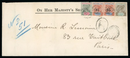 Stamp of Seychelles » Regular Issues 1894 OHMS long envelope registered to Paris franked 1890-92 2c + 1893 15c on 16c (2) + 1893 12c