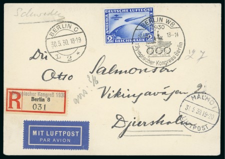 Stamp of Olympics » 1930 Berlin Congress 1930 (May 30) Berlin Congress printed card sent registered with 2M tied by the Olympic Congress special cancellation