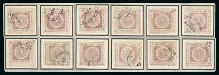 Stamp of Uruguay 1861 60c brown purple, complete used transfer block reconstruction of 12 types
