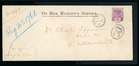 Stamp of Seychelles » Regular Issues 1898 July 26 Registered On Her Majesty's Service long envelope to Berlin franked 1893 1r