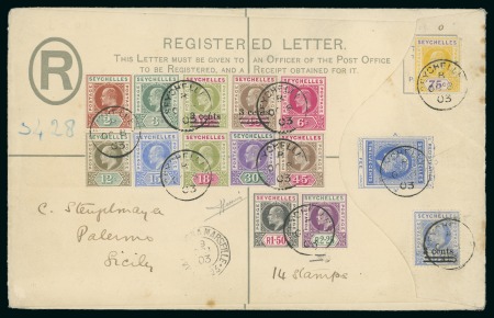 Stamp of Seychelles » Postal Stationery 1903 Oct 8 KE VII blue registered stationery envelope size H uprated with 1903 complete set of the first KEVII issue