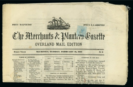 Stamp of Seychelles » Mauritius Used in Seychelles 1879 8 cents on 2d blue tied on February 21 1882 copy of the Merchants & Planters Gazette by 'B64' obliterator
