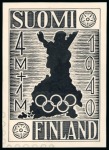 Stamp of Olympics » 1940 Helsinki (Cancelled) 1940 Helsinki essay by an unknown artist, trio of enlarged essays showing an outline of Finland plus 5 proofs