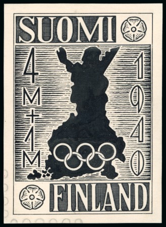 Stamp of Olympics » 1940 Helsinki (Cancelled) 1940 Helsinki essay by an unknown artist, trio of enlarged essays showing an outline of Finland plus 5 proofs