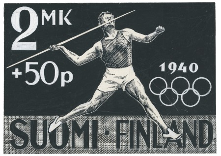 Stamp of Olympics » 1940 Helsinki (Cancelled) 1940 Helsinki essay by Tapio Virkala, showing Javelin thrower plus 3 proofs