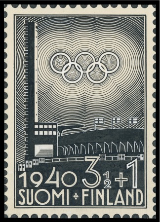 Stamp of Olympics » 1940 Helsinki (Cancelled) 1940 Helsinki essay by Jysky, showing Olympic Rings above the Olympic Stadium, plus 2 proofs