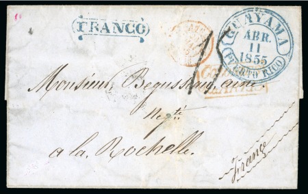 Stamp of Puerto Rico 1855 (April 11). Cover to La Rochelle (France), bearing blue "GUAYAMA/PUERTO RICO" fancy cds 