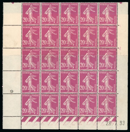 Stamp of France » Émissions à partir de 1900 1924-26, Bloc de 25 timbres ** Y&T n°190 Type Semeuse