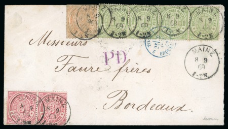 Stamp of Germany » Norddeutscher Postbezirk 1869 (Sept 8). Envelope from Mainz to Bordeaux with rare combination franking
