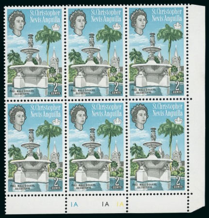 Stamp of St. Kitts-Nevis » St. Christopher 1963-69 2c Pall Mall Square Basseterre, mint n.h. traffic light block of six from the lower right of the sheet variety yellow omitted