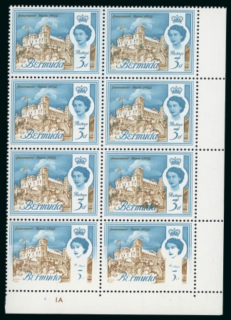 Stamp of Bermuda 1962-68 Government House 3d yellow brown and light blue mint n.h. block of 8 with dry print at foot