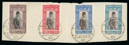 Stamp of Egypt » Commemoratives 1929 Prince Farouk's Birthday set of four showing centres with black and brown varieties, hinged to a piece and cancelled-to-order
