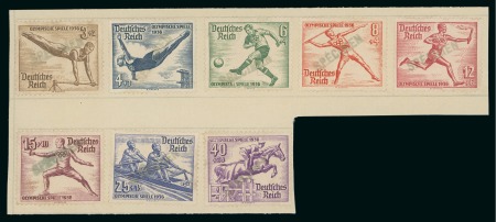 Stamp of Olympics » 1936 Berlin » Stamps 1936 Berlin set of eight affixed to archive piece with "SPECIMEN" handstamps in green from the Portuguese Receiving Authority